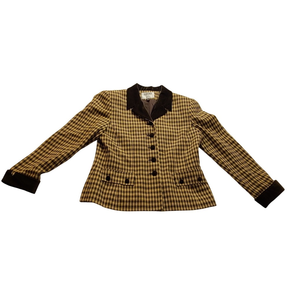 Kasper for A.S.L. Plaid Blazer Brown Tan Velvet Collar Cuffs Vintage Style Sz 10